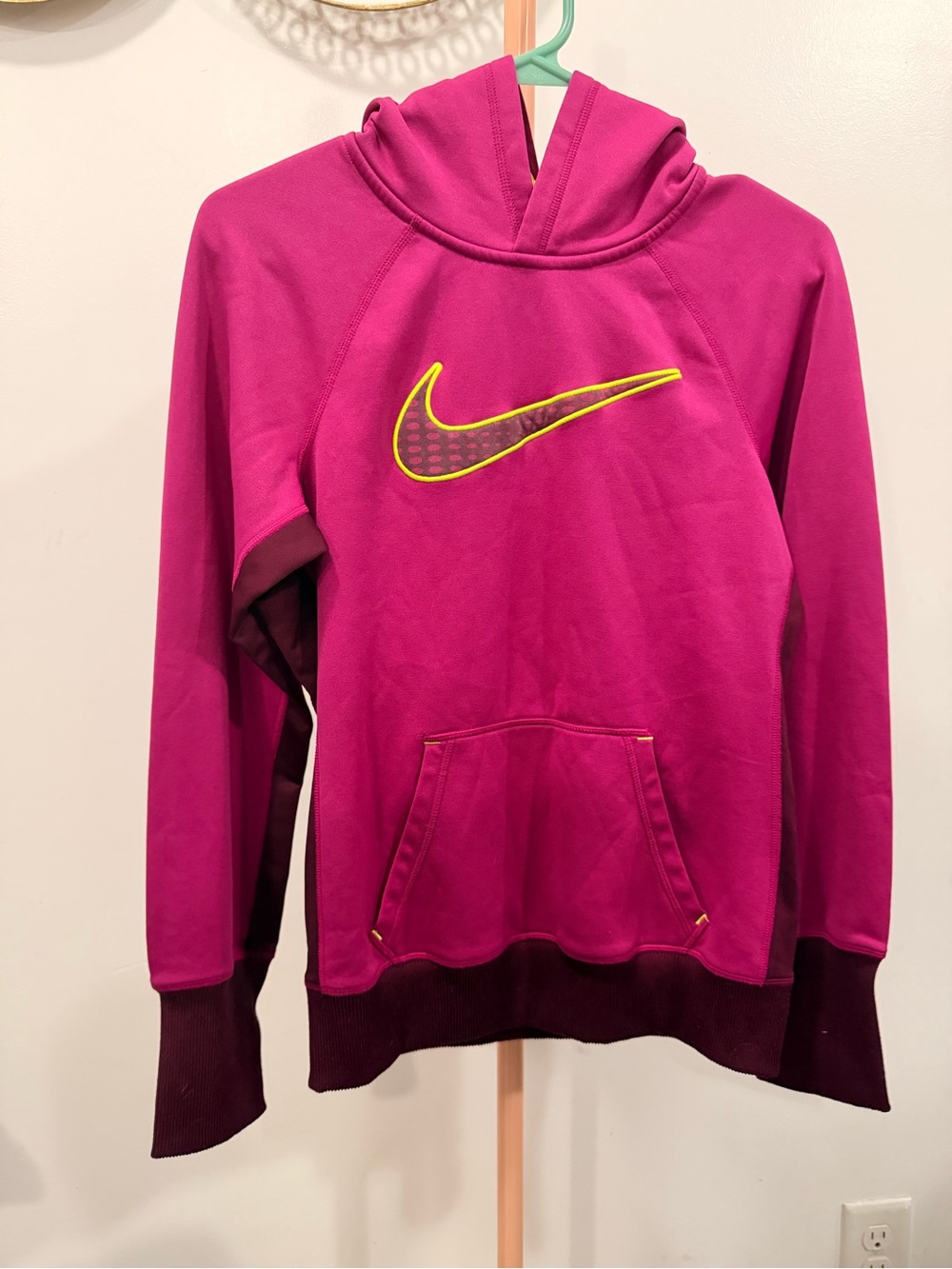 Nike Fuchsia Hoodie with Maroon Accents and Yellow Swoosh